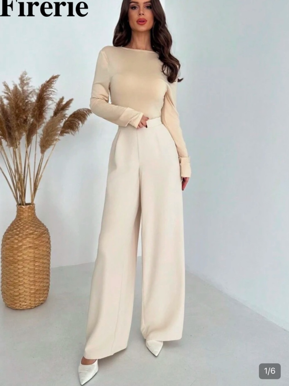 SHEIN High-Waisted Pleated Wide-Leg Long Pants Cream